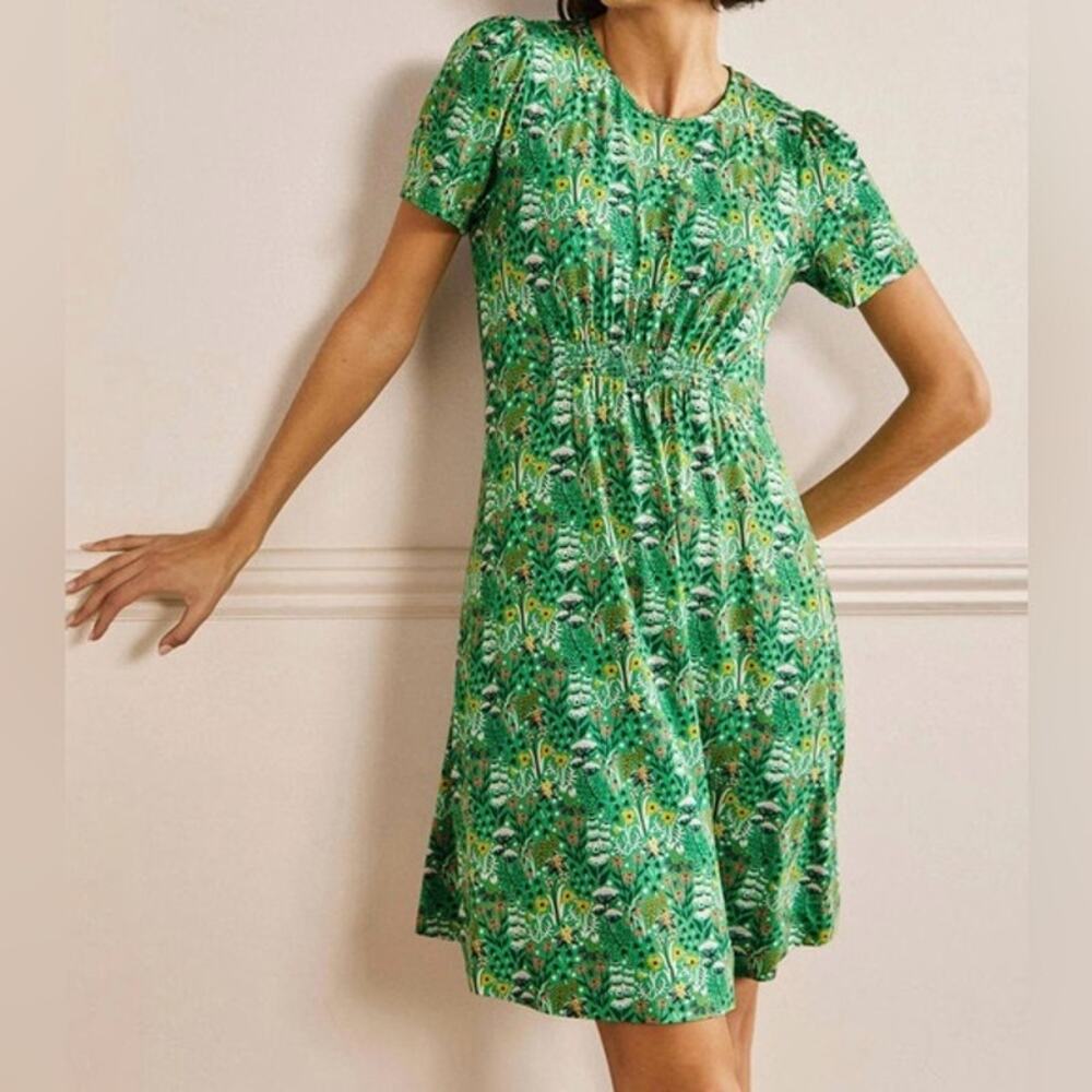 Boden Smocked Crewneck Jersey Dress Emerald Green Wildflower Bloom US 2 Petite
